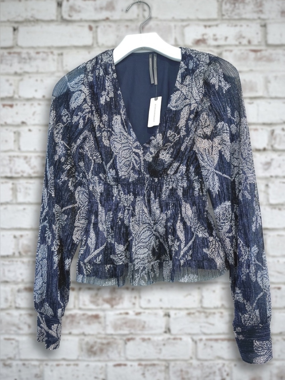 Anthropologie Metallic Navy and Silver Floral V-Neck Peplum Blouse